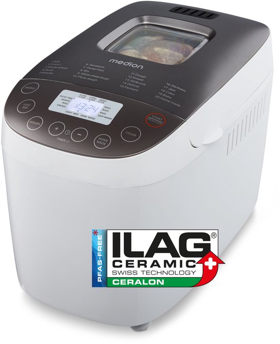 Witte Medion broodbakmachine met grijs bedieningspaneel, LCD-scherm en ILAG-keramische coating voor PFAS-vrij bakken.