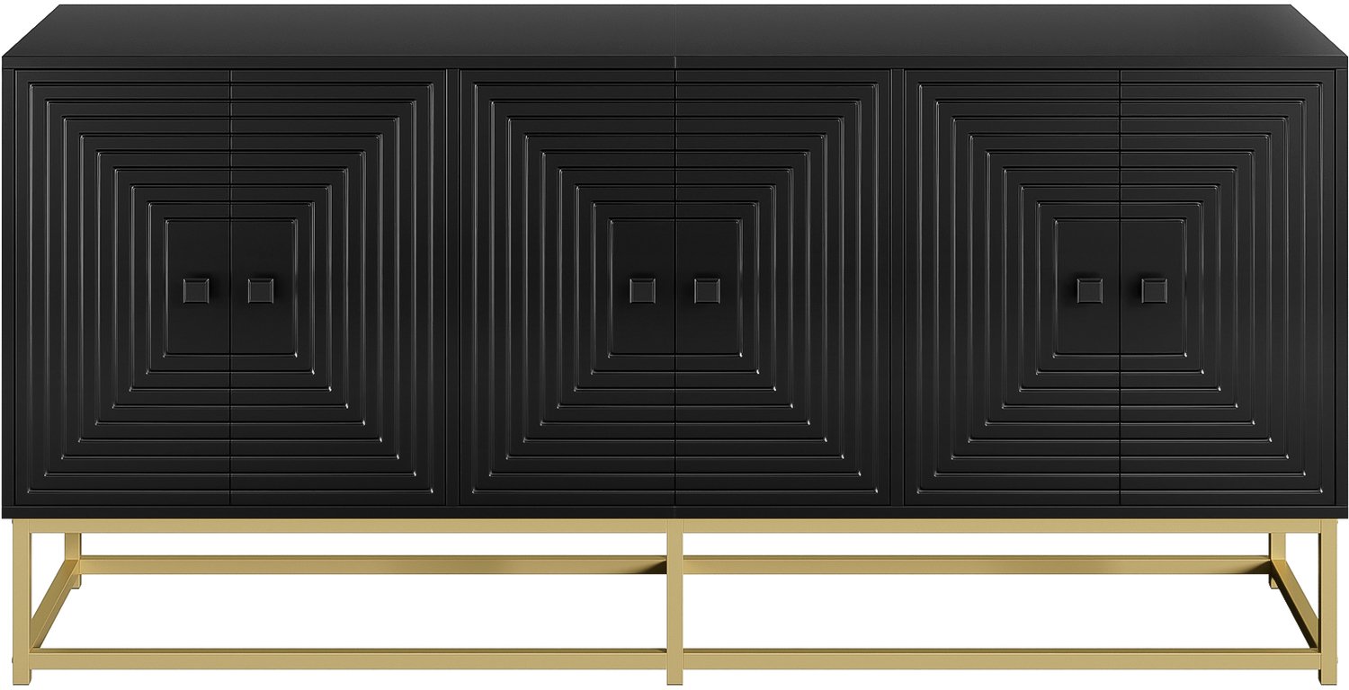 SONNENH Mat zwart dressoir met 6 deuren, reliëffronten en goudkleurig onderstel - 160 x 38 x 75,5 cm