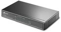 Zijaanzicht van een zwarte TP-Link TL-SG1008P switch met LED-statuslampjes en ventilatieopeningen aan de zijkant.