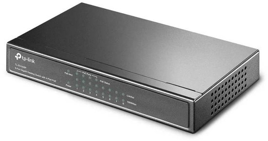 Zijaanzicht van een zwarte TP-Link TL-SG1008P switch met LED-statuslampjes en ventilatieopeningen aan de zijkant.