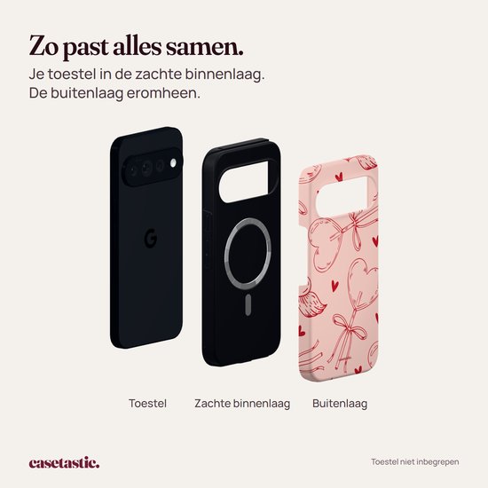 Toon de drie onderdelen: zwarte telefoon, zwarte binnenlaag en roze hoesje met hartjes.
