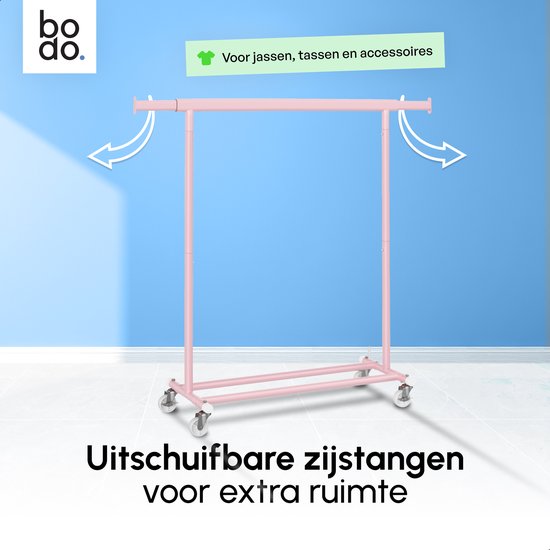 Roze kledingrek met uitschuifbare zijstangen voor jassen en accessoires.