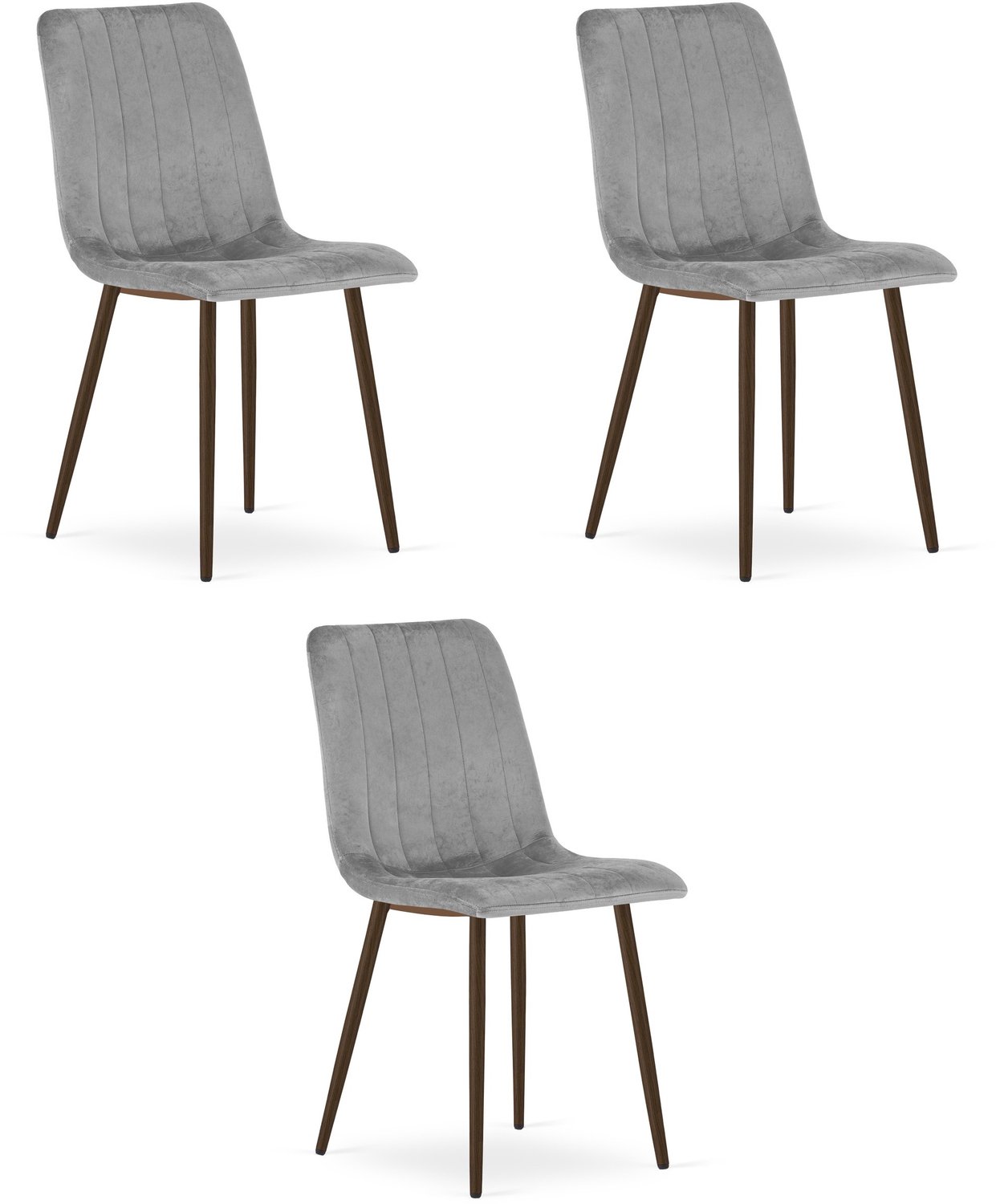 Oskar LAVA Eetkamerstoelen – Set van 3 – Grijs Velvet – Walnootkleurige Houten Poten – Comfortabele Gestoffeerde Zitting – Modern Design – Velvet Stoel voor Woonkamer, Keuken en Eetkamer – Max. 110 kg per Stoel