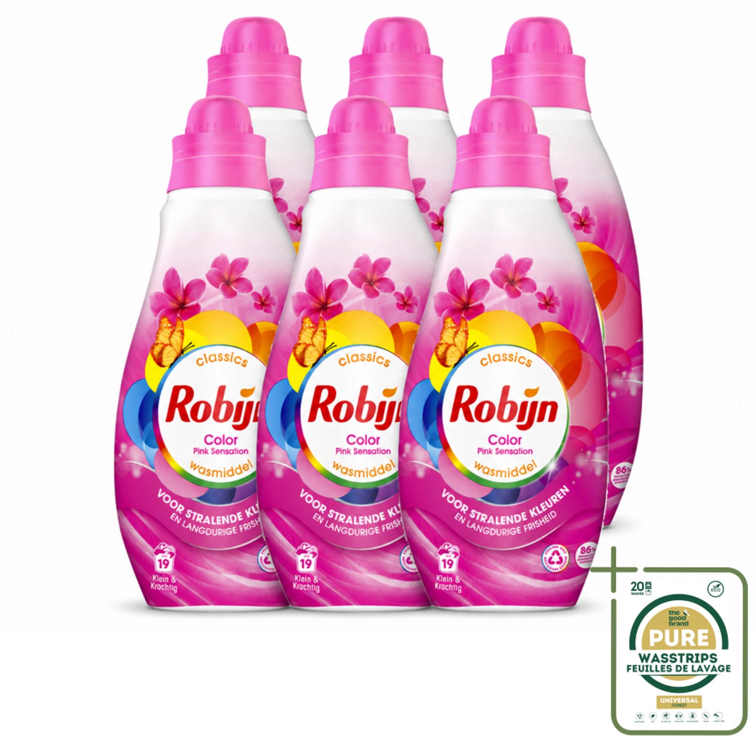 6 x Robijn - Klein & Krachtig Classics Color Pink Sensation - Vloeibaar Wasmiddel - 19 Wasbeurten - Wasstrips - Kleurbehoud - Wasmiddel Voor Gekleurde Was - Frisheid - Biologisch Afbreekbaar - Milieuvriendelijk
