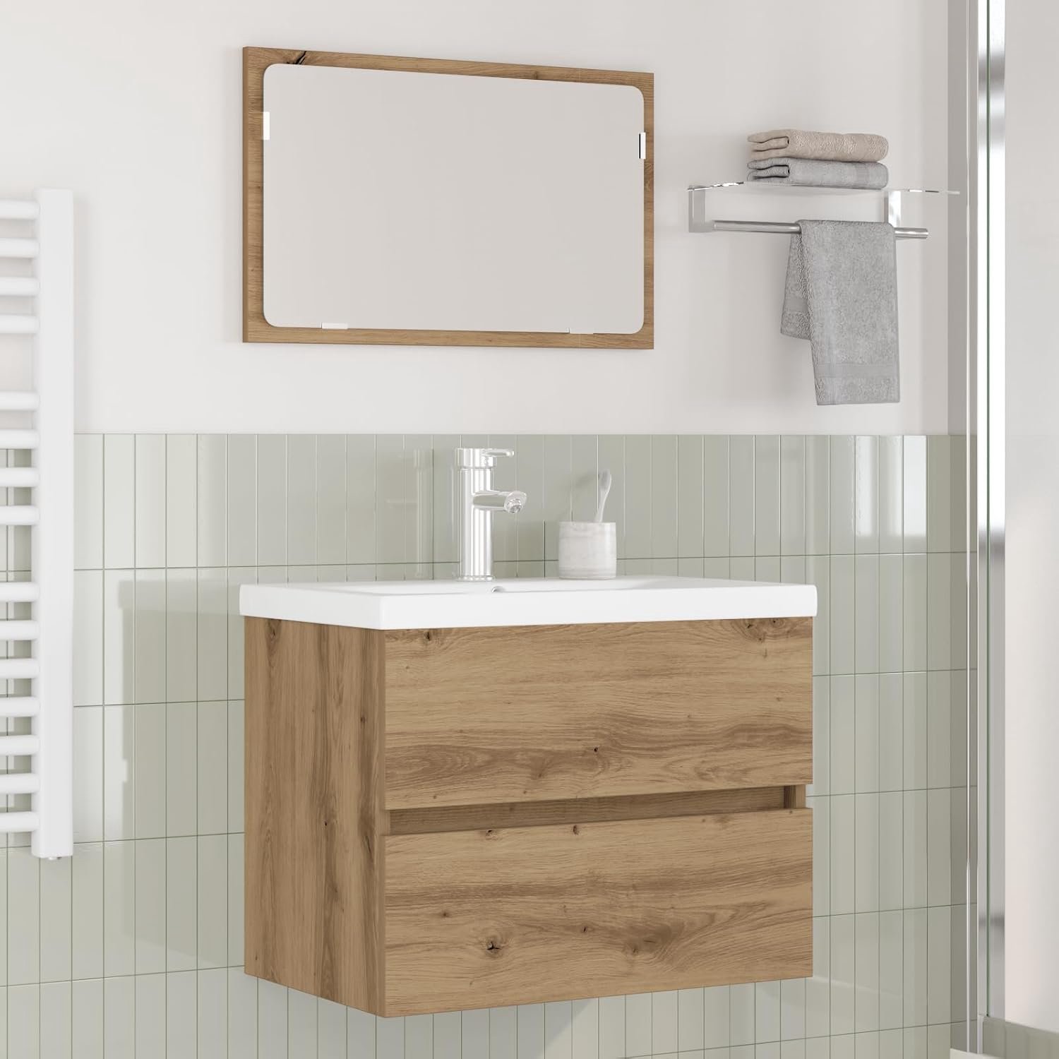 Badkamermeubelset, 3 stuks, zwart eiken, 60 x 38,5 x 45 cm, modern design, veel opbergruimte, robuuste constructie, eenvoudige montage, waterdichte materialen, elegante opslag