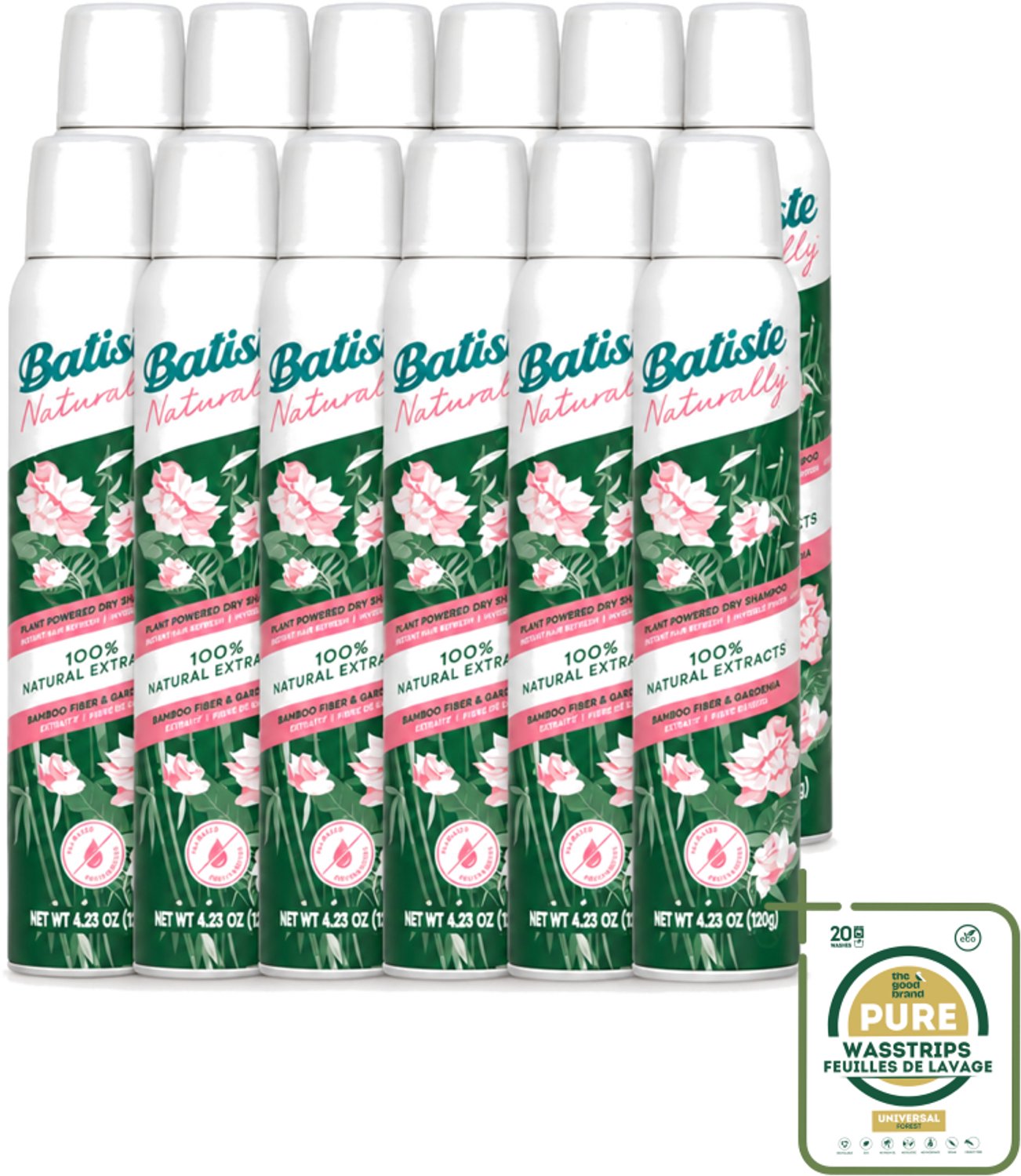12 x Batiste - Naturally Bamboo Fibre & Gardenia - Droogshampoo - Versterkt en Verfrist - 100% Natuurlijk - 200ml - Wasstrips - Natuurlijke Droogshampoo - Haarkleur - Haartype - Vet Haar - Droog Haar