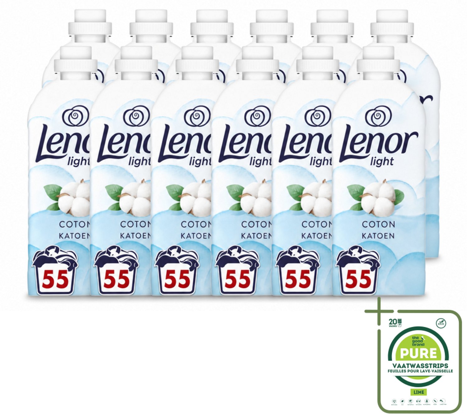 12 x Lenor Light - Wasverzachter - Katoen - Fris & Zacht - 55 Wasbeurten - Grootverpakking - Vaatwasstrips - Wasverzachter Katoen - Wasverzachter Fris - Wasverzachter Katoen Bloesem - Wasverzachter Milde Frisheid - Wasverzachter Zachte Was
