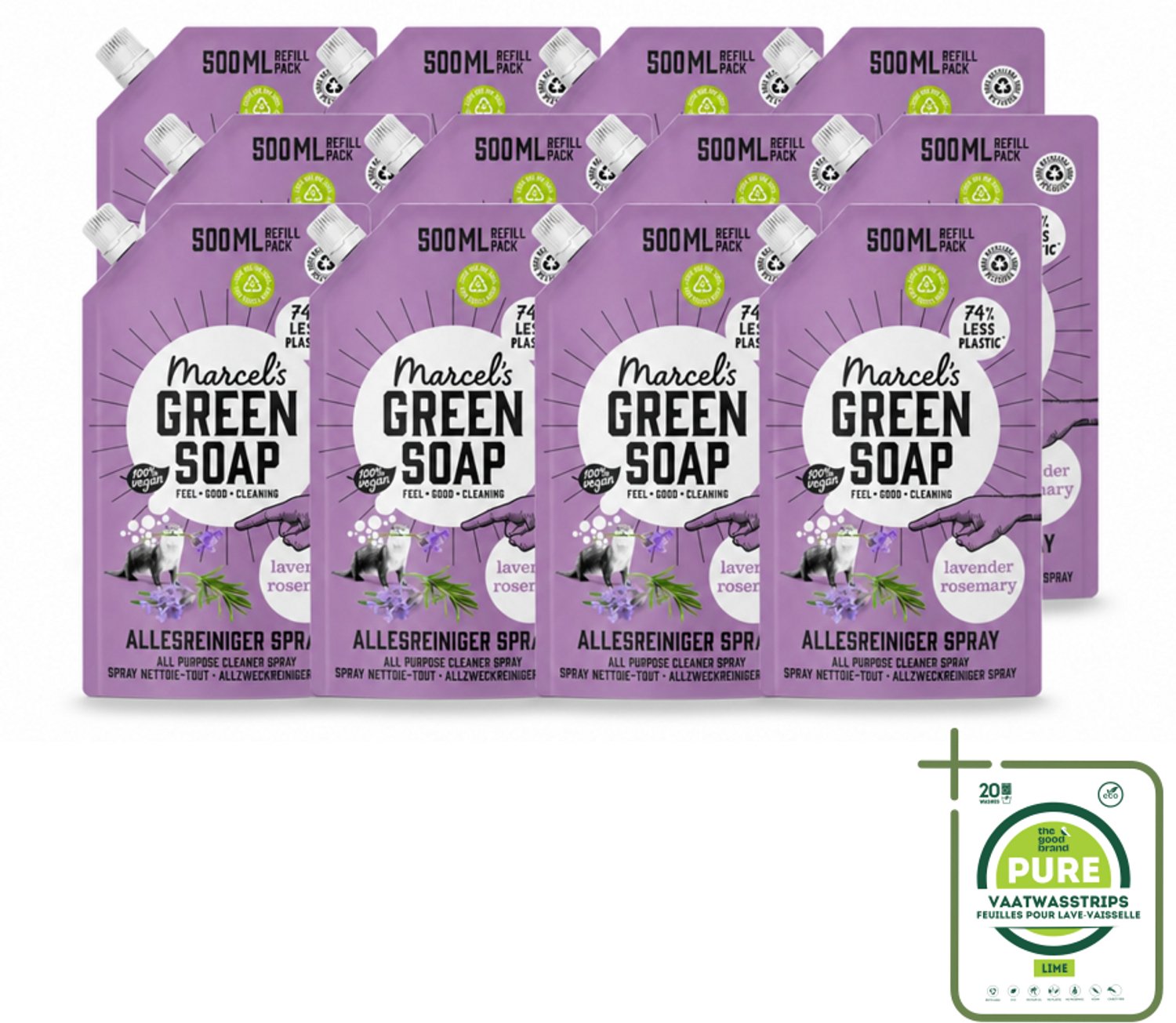 12 x Marcel's Green Soap - Allesreiniger Spray - Navulling - Lavendel & Rozemarijn - Frisse reiniging - 500 ml - Grootverpakking - Vaatwasstrips - Allesreiniger - Natuurlijke Reiniger - Biologische Reiniger - Vegan Reiniger - Lavendel En Rozemarijn
