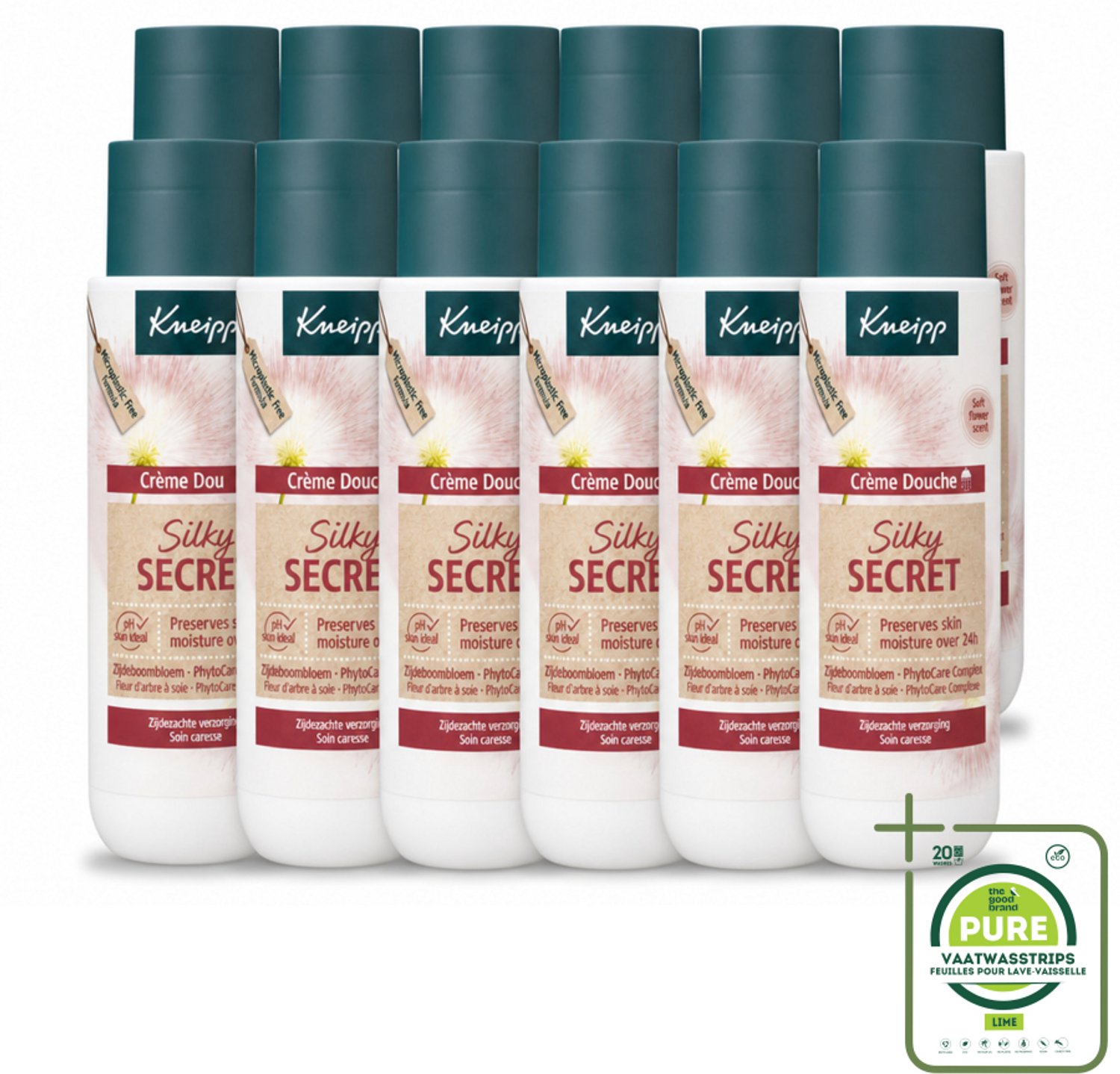 12 x Kneipp - Douchecrème - Silky Secret - 200 ml - Grootverpakking - Vaatwasstrips - Douchecrème - Zijde - Melkproteïnen - Zijdeboombloem - Huidverzorging