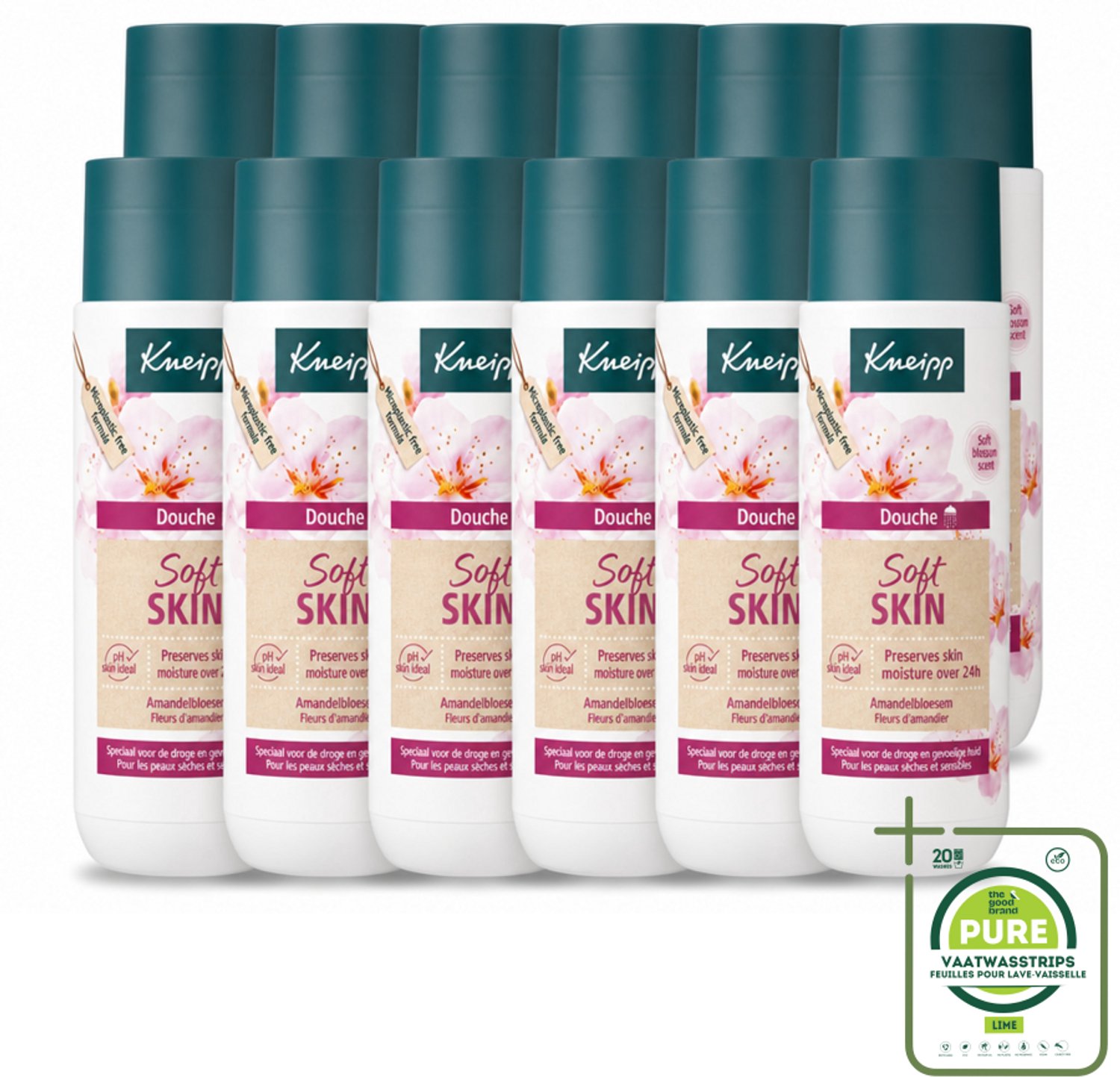 12 x Kneipp - Douchegel - Soft Skin - Amandelbloesem - 200 ml - Grootverpakking - Vaatwasstrips - Droge Huid - Gevoelige Huid - Douchegel - Amandelolie - Sheabutter