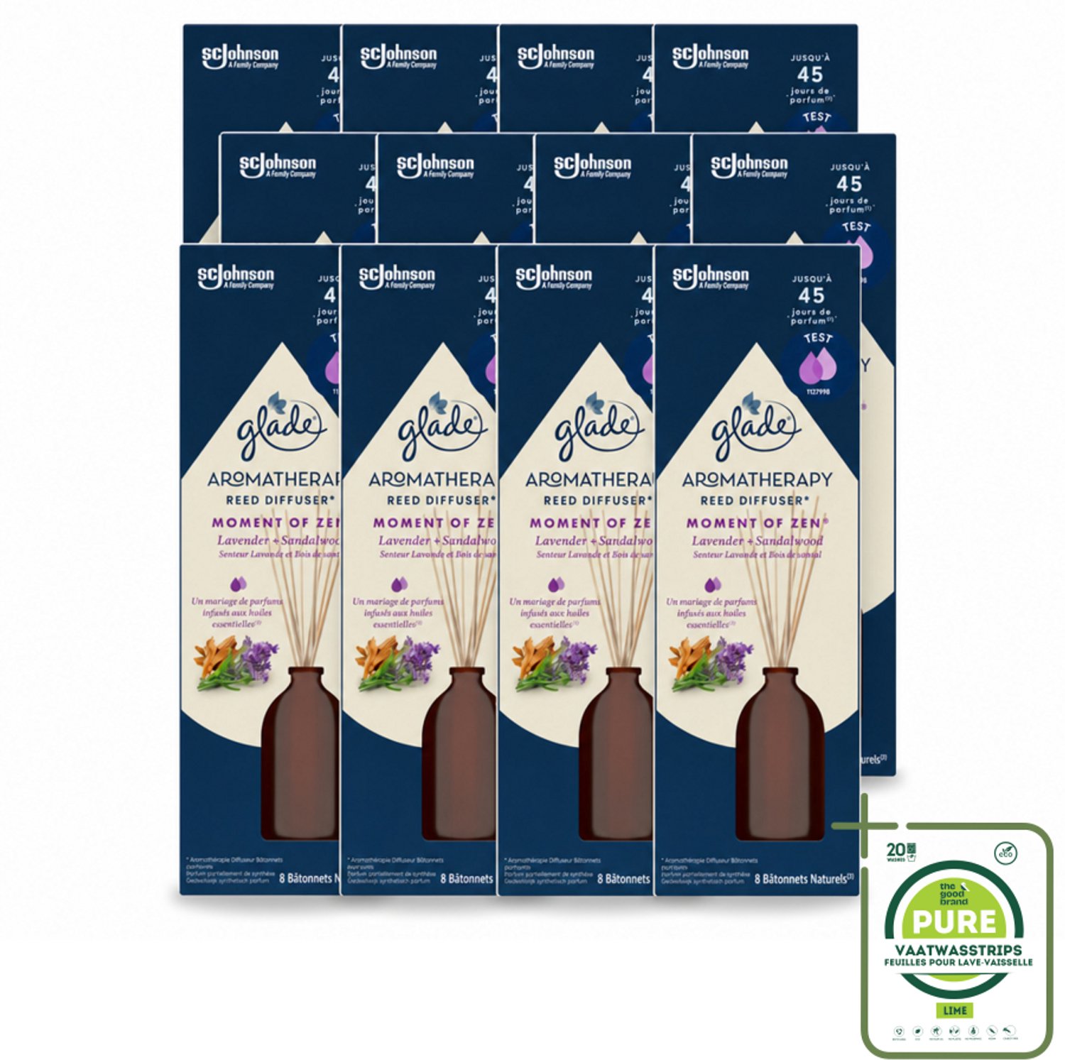 12 x Glade - Geurstokjes Moment van Zen - Aromatherapie Geurverspreiding - 80 ml - Grootverpakking - Vaatwasstrips - Geurstokjes - Aromatherapie - Rust - Ontspanning - Lavendel
