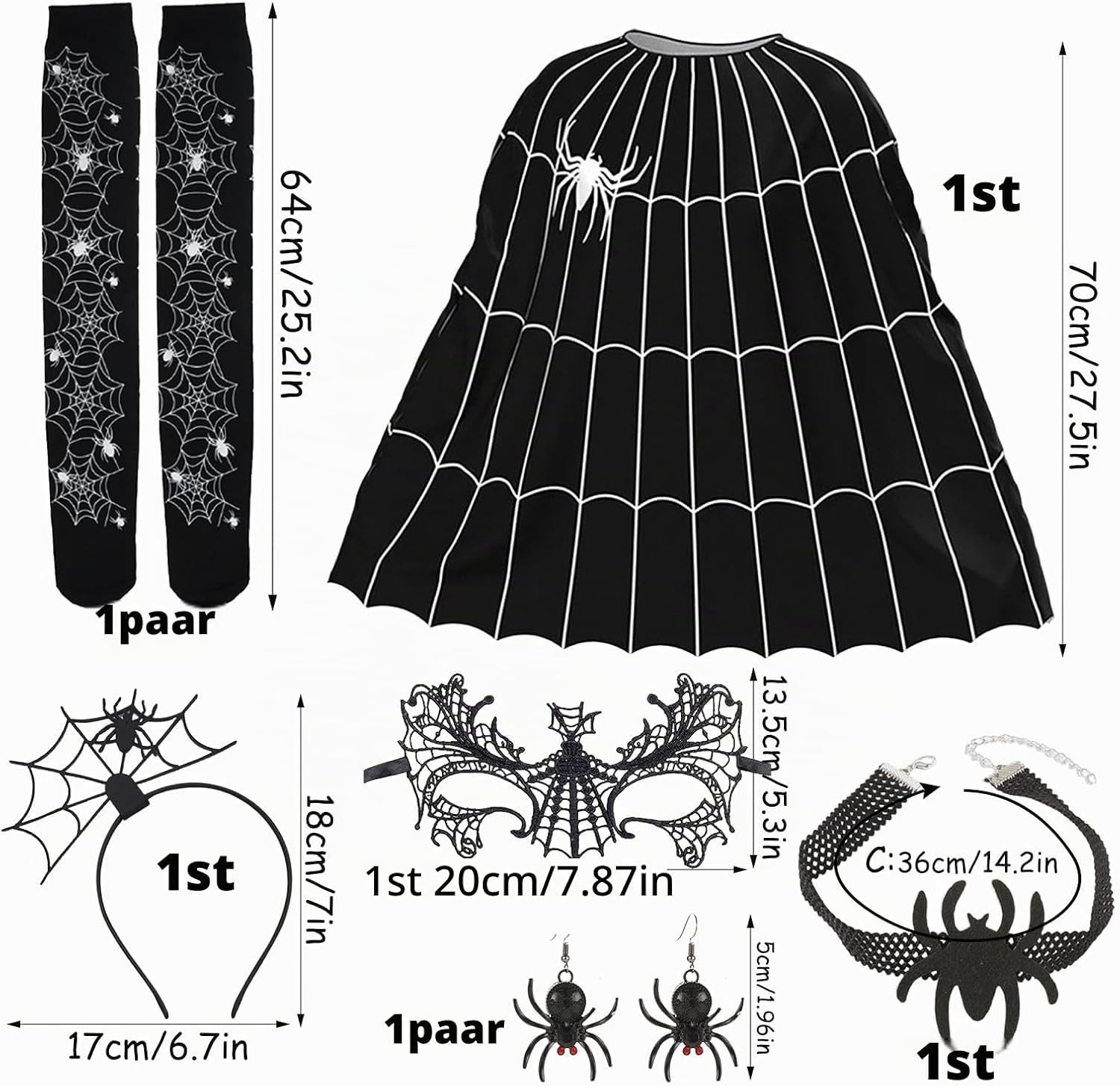 Griezelige Halloween Spin Kostuum voor Volwassenen met Poncho, Masker, Haarbanden en Accessoires voor een Leuke Carnavalsversiering