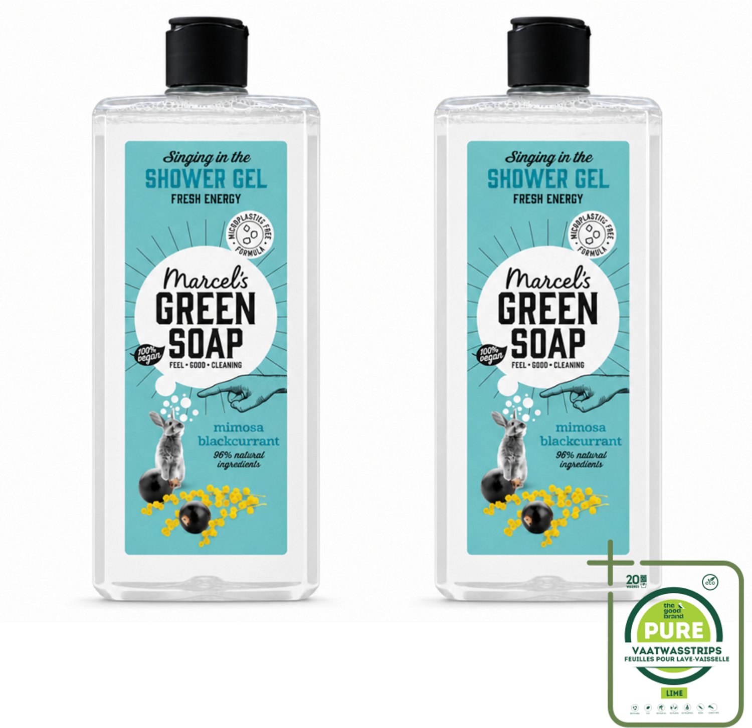 2 x Marcel's Green Soap - Douchegel - Mimosa & Zwarte Bes - Verzorgend & zacht - 300 ml - Grootverpakking - Vaatwasstrips - Douchegel - Natuurlijke Douchegel - Ecologische Douchegel - Vegan Douchegel - Mimosa Douchegel