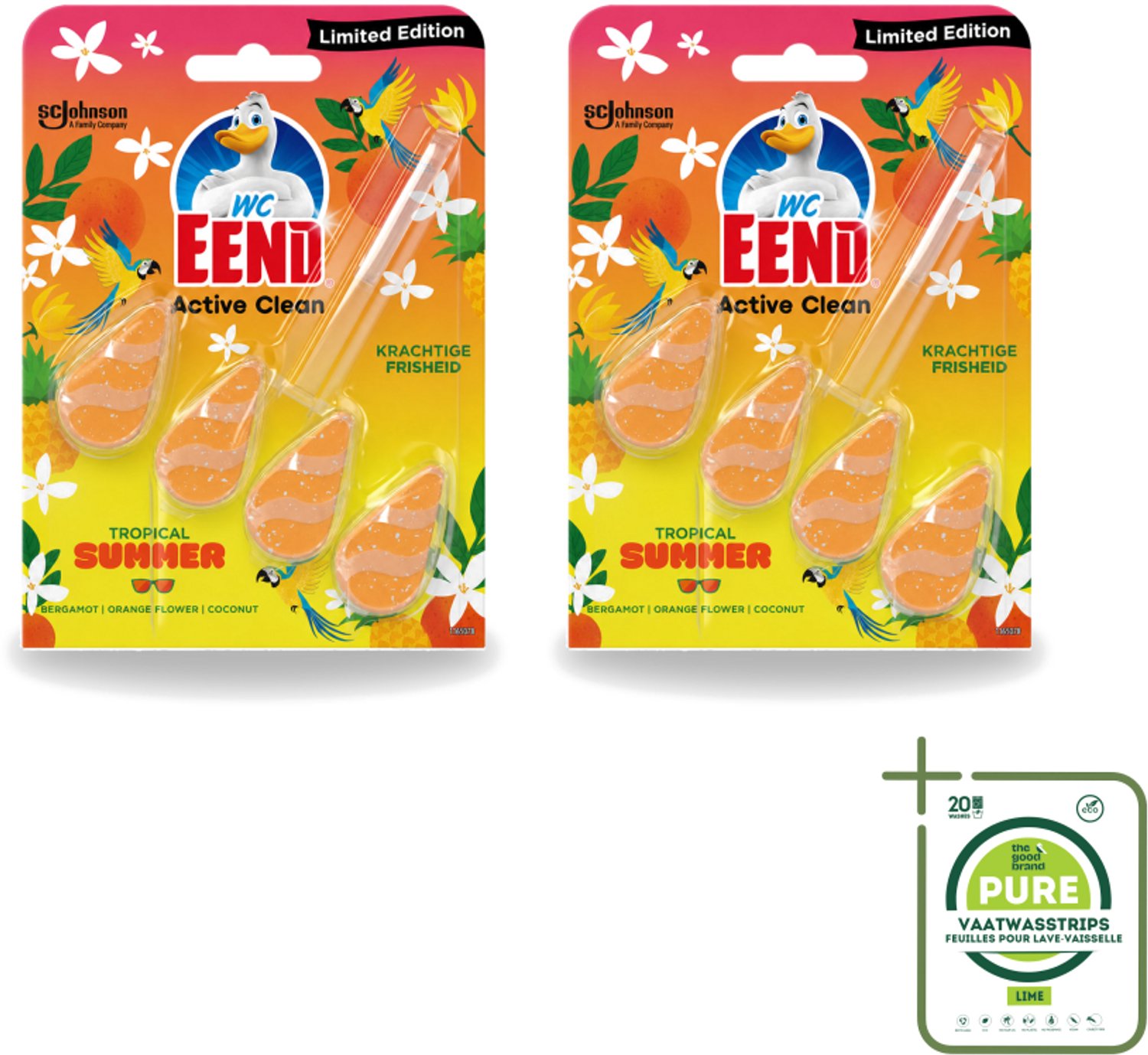 2 x WC Eend - Active Clean Tropical Summer - Toiletblok - Zomerse Frisheid - 38 gr - Grootverpakking - Vaatwasstrips - WC Eend - Toiletblok - Tropische Geur - Actief Schuim - Toilet Reinigen