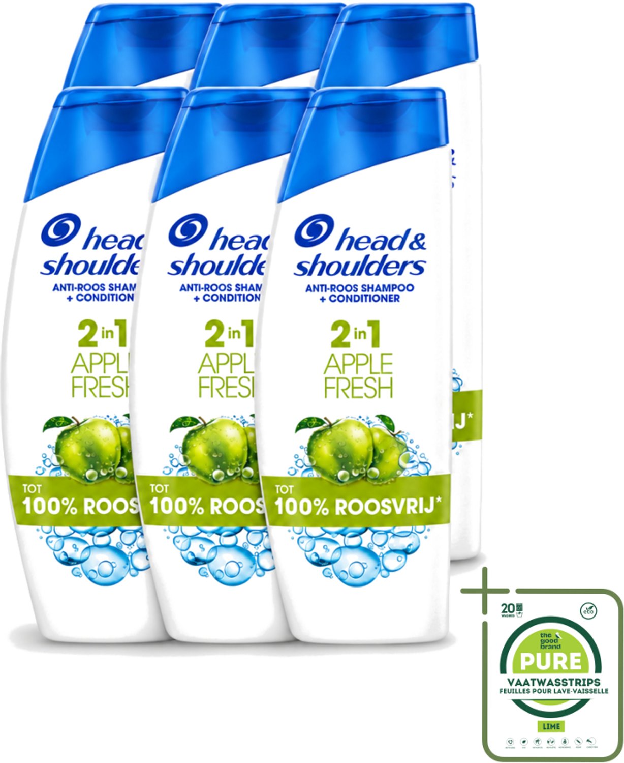 6 x Head & Shoulders - Shampoo - 2-in-1 - Apple Fresh - 100% Roosvrij - 300 ml - Grootverpakking - Vaatwasstrips - Anti-roos Shampoo - Hoofdproblemen - Hoofdhuidgezondheid - Microbioom - PH Balans