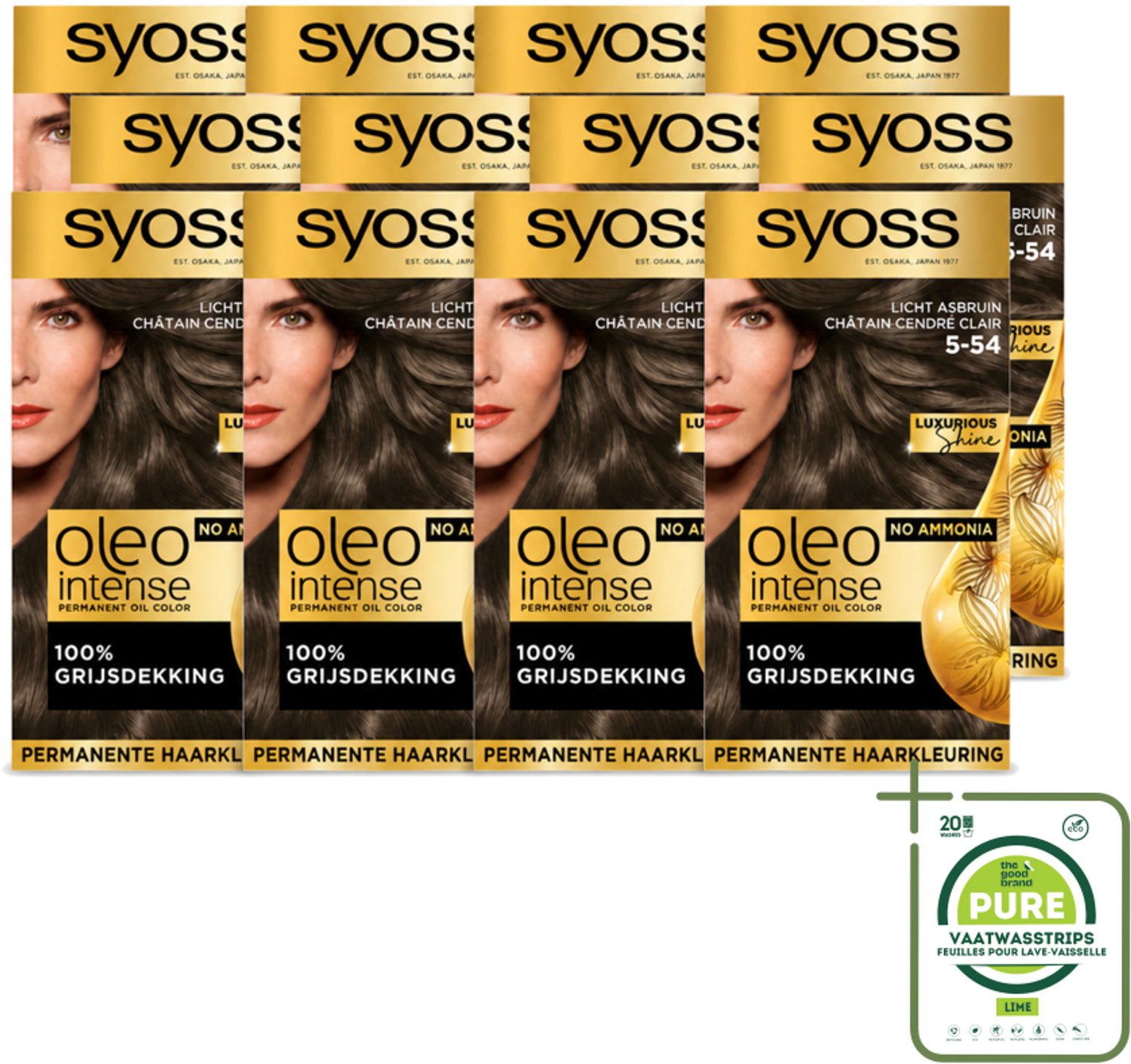 12 x SYOSS - Oleo Intense 5-54 Licht As Bruin - Haarverf - Zonder Ammoniak - Grijsdekking - Langdurige Kleur - Grootverpakking - Vaatwasstrips - Haarkleur - Haarkleuring - Olieformule - Grijsdekking - Haarverzorging