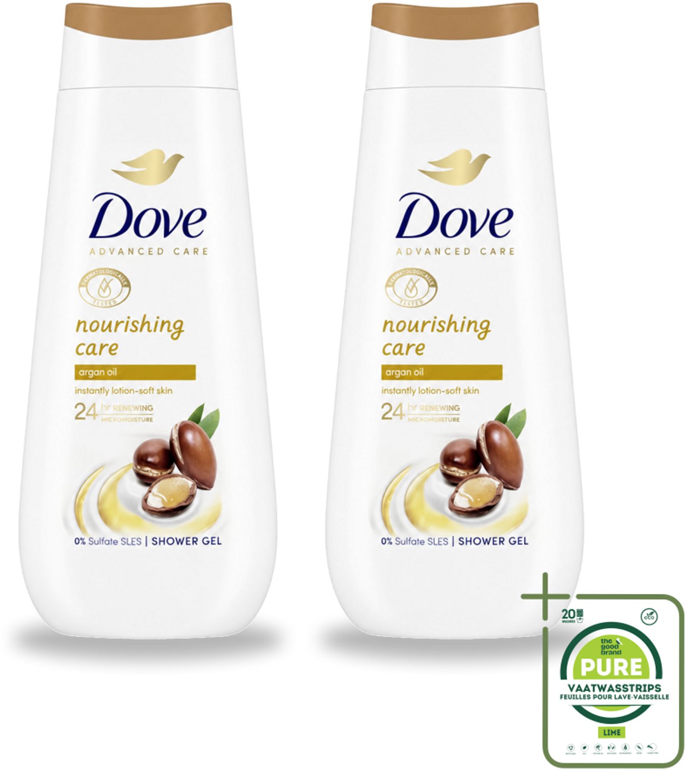 2 x Dove Douchecrème - Nourishing Care - Arganolie - 225 ml - Grootverpakking - Vaatwasstrips - Douchegel - Voedende Huid - Droge Huid - Hydratatie - Arganolie