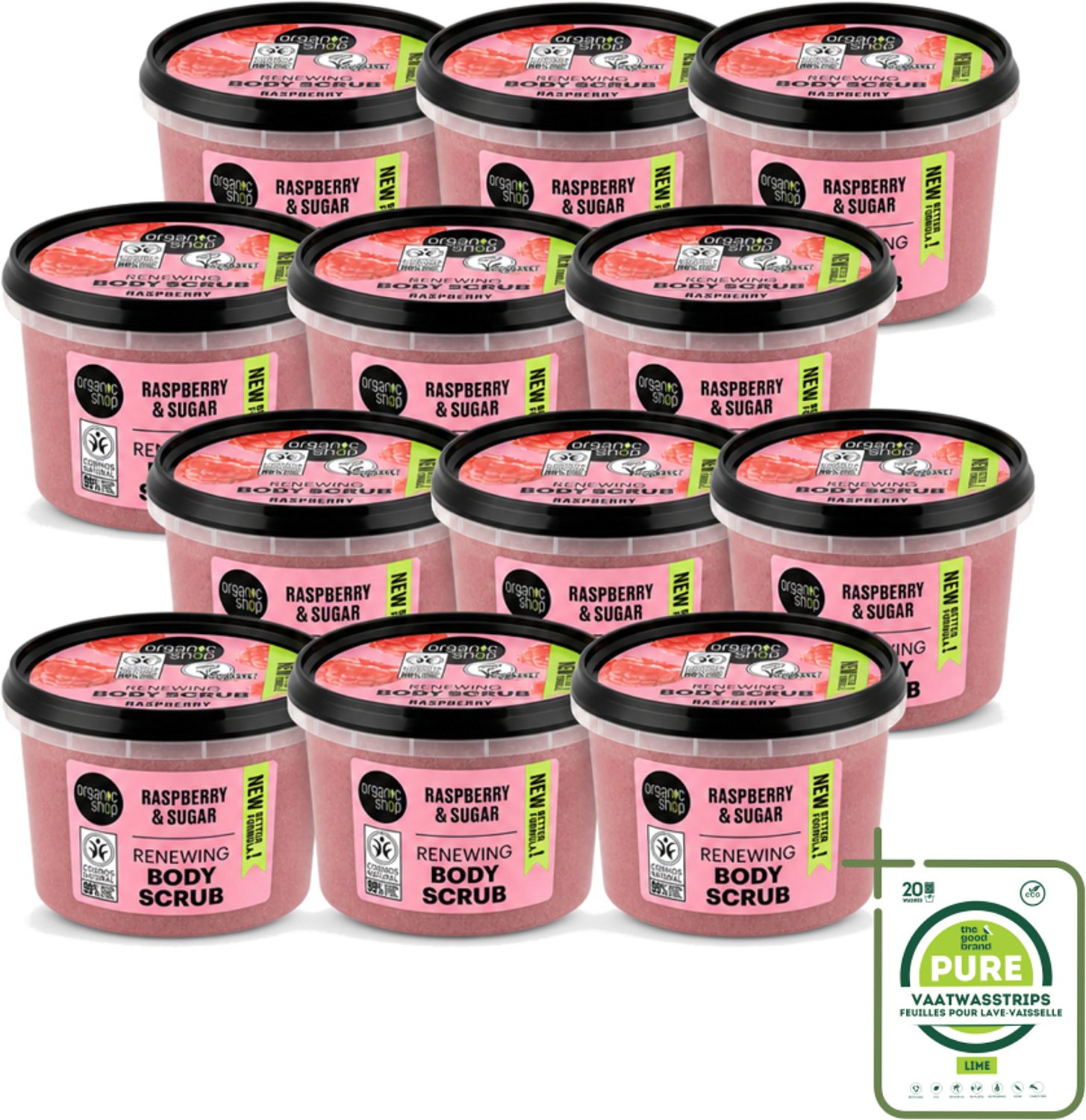 12 x Organic Shop - Organic Raspberry & Sugar Body Scrub - Verfrissend en Peeling - 250 ml - Grootverpakking - Vaatwasstrips - Biologische Bodyscrub - Framboos Scrub - Natuurlijke Exfoliatie - Huidverzorging - Huidpeeling