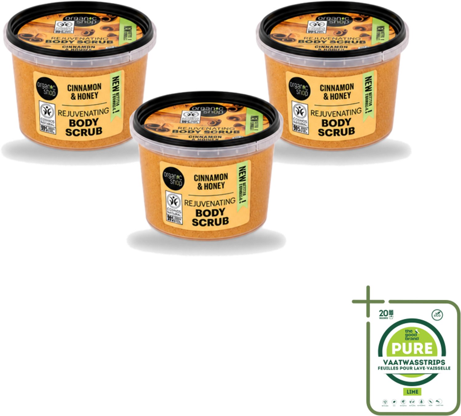 3 x Organic Shop - Rejuvenating Body Scrub Cinnamon - Exfoliërend en Hydraterend - 250 ml - Grootverpakking - Vaatwasstrips - Exfoliatie - Huidvernieuwing - Kaneel - Honing - Natuurlijke Huidverzorging