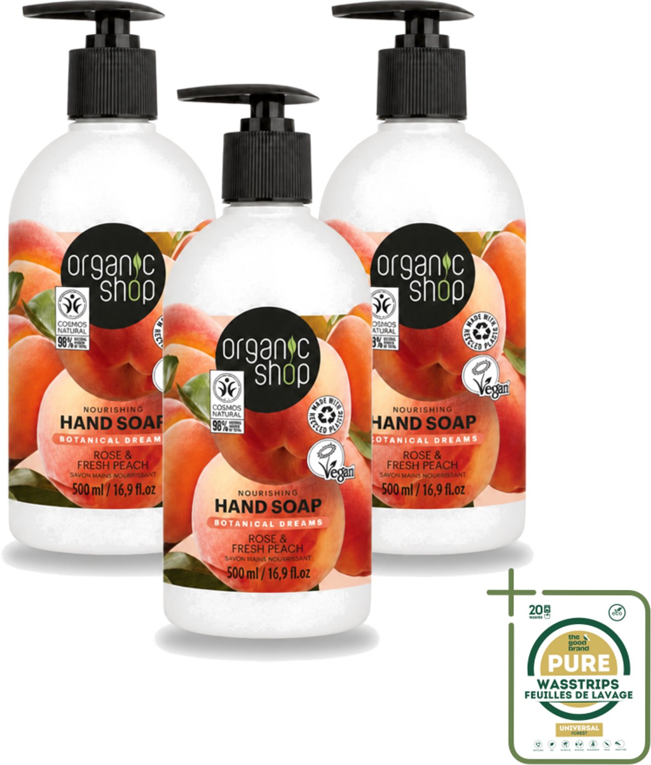 3 x Organic Shop - Handzeep Rose & Peach - Verzorgend en Hydraterend - 500 ml - Wasstrips - Handzeep - Natuurlijke Handzeep - Handverzorging - Handhydrieren - Handcrème