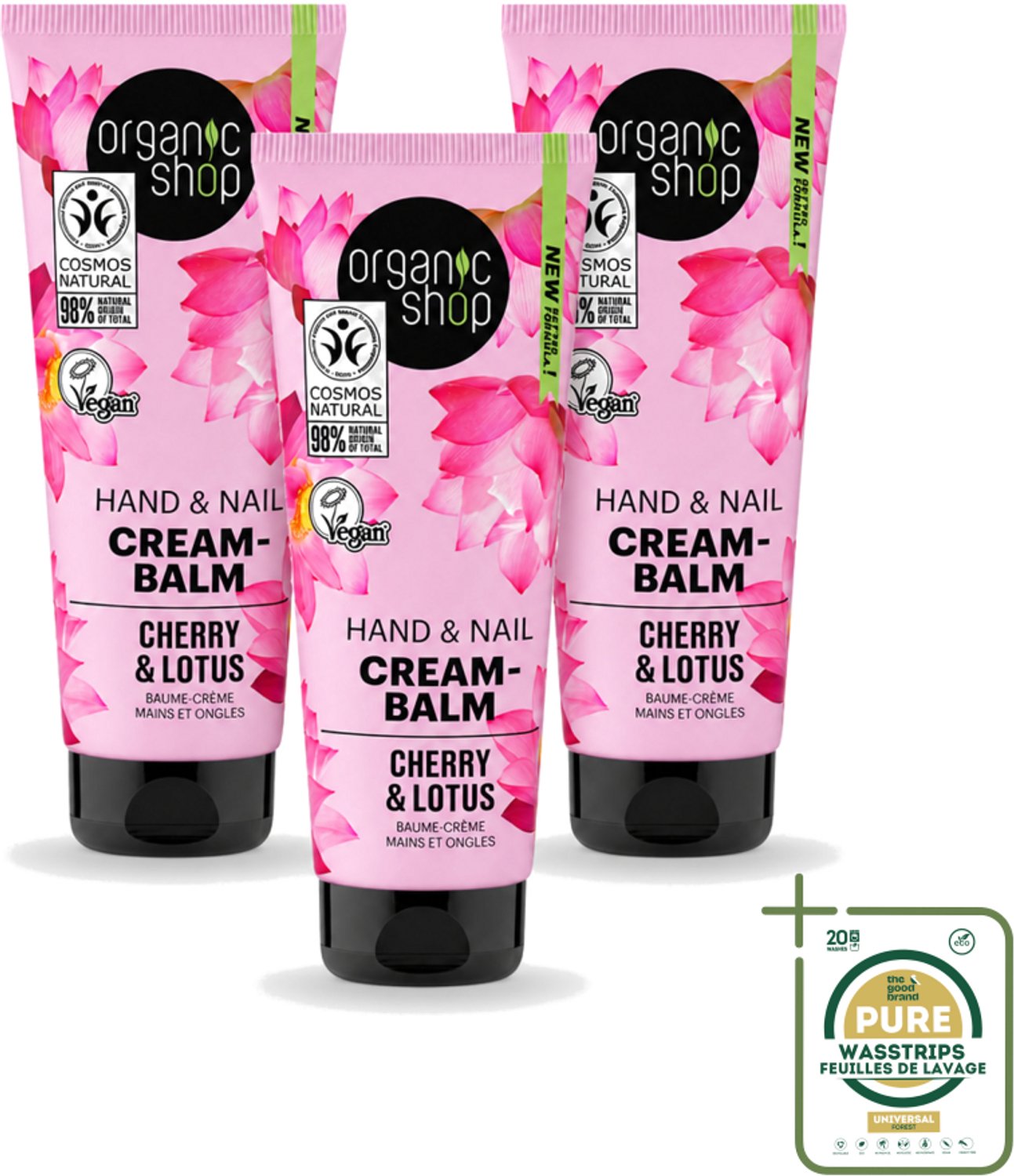 3 x Organic Shop - Hand & Nail Cream - Cherry & Lotus - Verzorgend en Hydraterend - 75 ml - Wasstrips - Handcrème - Nagelcrème - Handen Verzorgen - Nagels Versterken - Hydraat Handen