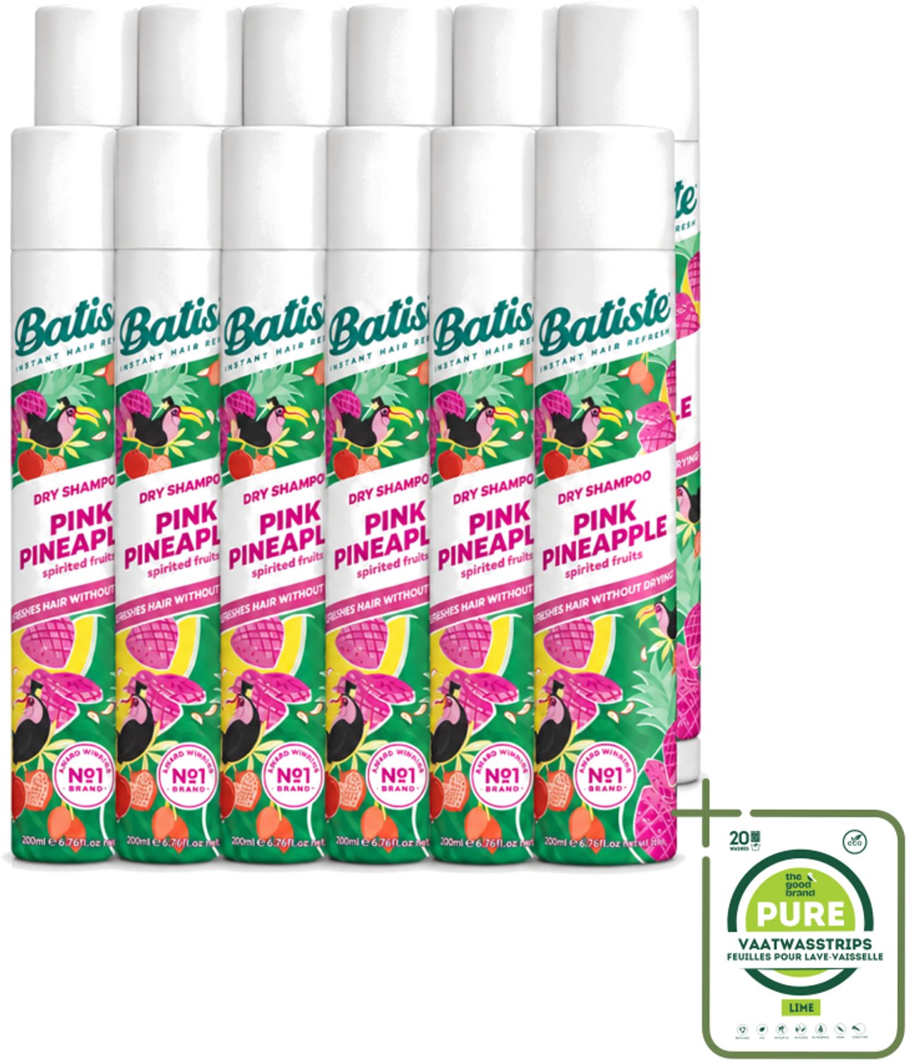 12 x Batiste - Pink Pineapple - Droogshampoo - Friszoete Geur - Verfrist en Geeft Volume - 200ml - Grootverpakking - Vaatwasstrips - Droogshampoo - Fris Haar - Tropisch Haar - Fruitige Geur - Haarkleur