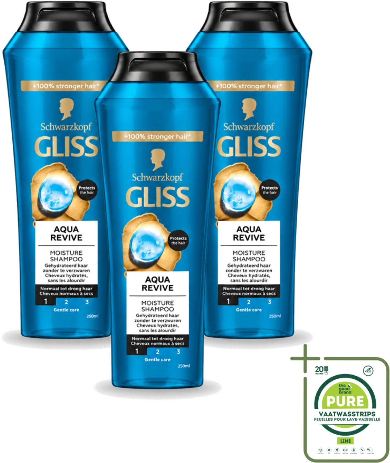 3 x Gliss - Shampoo - Aqua Revive - Voor Hydraterend en Fris Haar - 250 ml - Grootverpakking - Vaatwasstrips - Hydraterend Haar - Droog Haar - Beschadigd Haar - Haar Reinigen - Haar Verzorgen