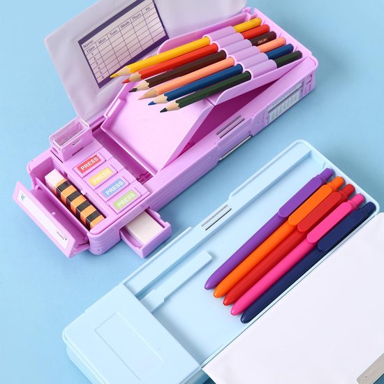 Pop-up multifunctionele etui voor meisjes en jongens, met 5 potloden, 1 gum, 1 puntenslijper en een schema, leuke cartoon pennenbox organizer briefpapier, beste cadeaus voor kinderen, Paars — afbeelding 5