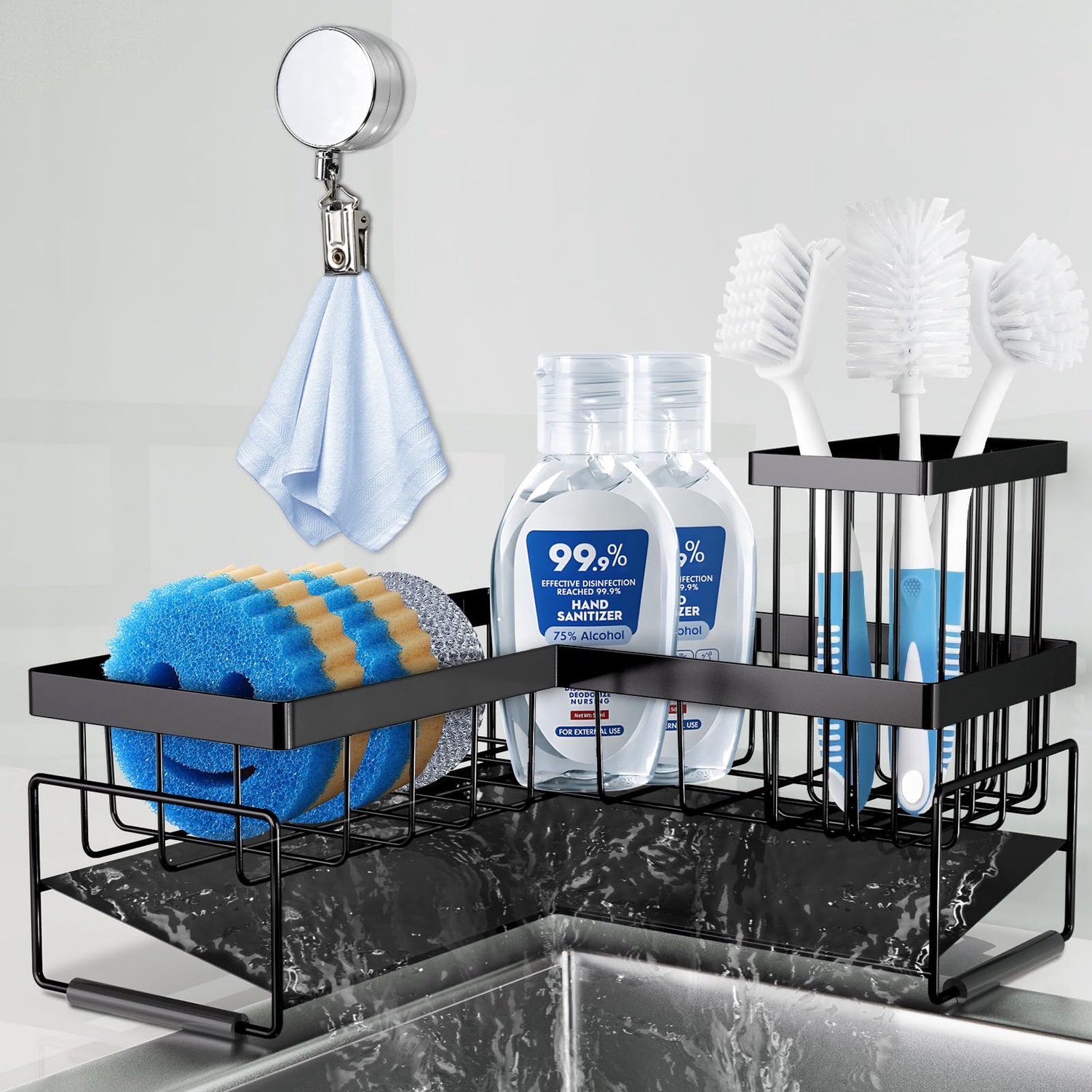 Metalen L-vormige gootsteenorganizer met intrekbare handdoekclip, zwart
