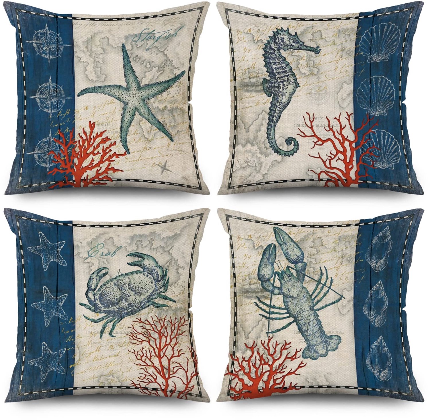 ASDCXZ Maritiem Kussensloop, 40 x 40 cm, set van 4, retro maritieme zeester, hippocampus, bank, sierkussen - ShopVlot