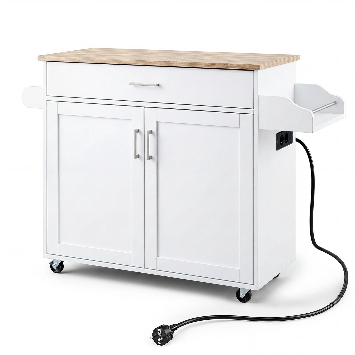 SureDeal® - Buffetkast - Keukenwagen - Handdoekhouder Kruidenrek Lade - Stopcontact Keukeneiland Verrijdbare - 116x40x85 cm - Wit