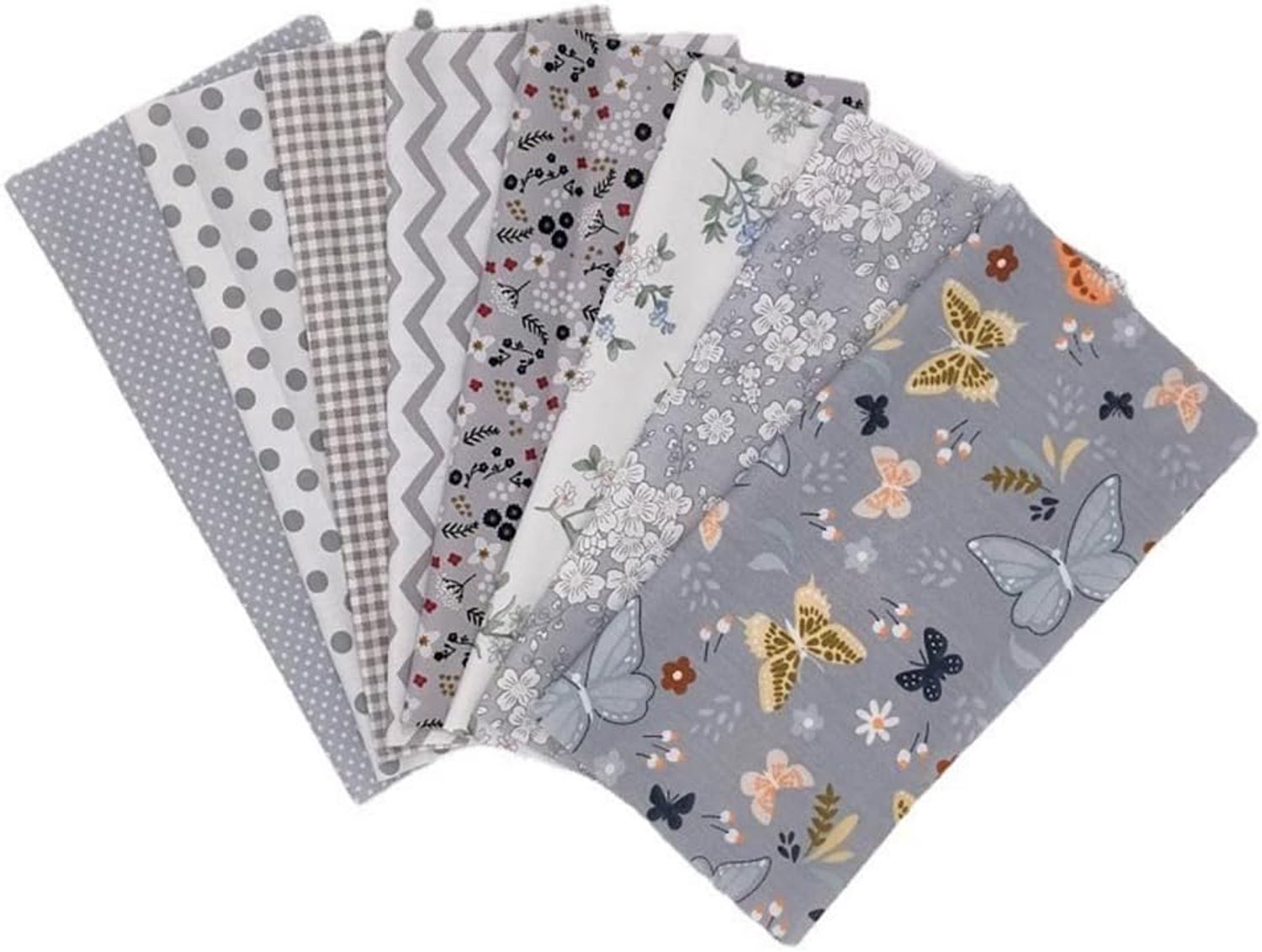 Katoenen stof, 8 stuks, bedrukt patchwork, Fat Quarters, stofbundel, naaistoffen met bloemen, stoffen om te naaien, 100% katoen, handwerk, patchwork voor doe-het-zelf naaien, grijs, 50 x 40