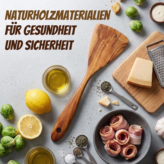 Spatel hout, set van 2 pannenspatels, olijfhout, kooklepel | Houten keukengerei, hittebestendig, antibacterieel, vaatwasmachinebestendig — afbeelding 2