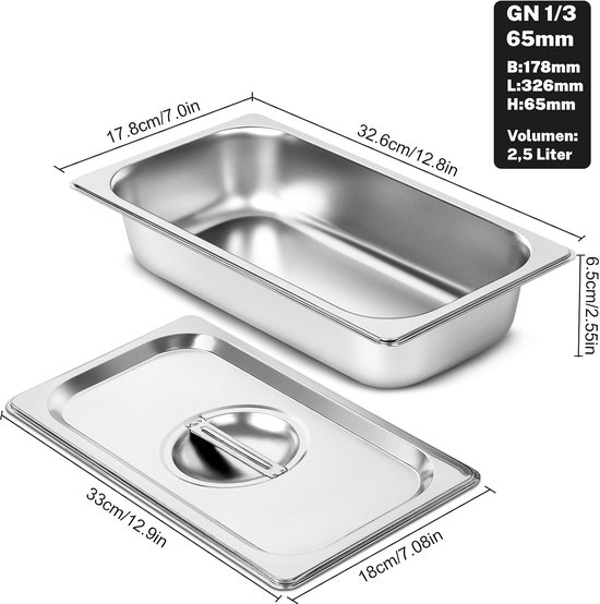 Gucass Paneerschalenset 3-delig met deksel van roestvrij staal GN 1/3 container 32,5 x 17,5 x 6,5 cm - rechthoekige metalen gastronomische containers - ideaal voor schnitzels, vlees, vis — afbeelding 4