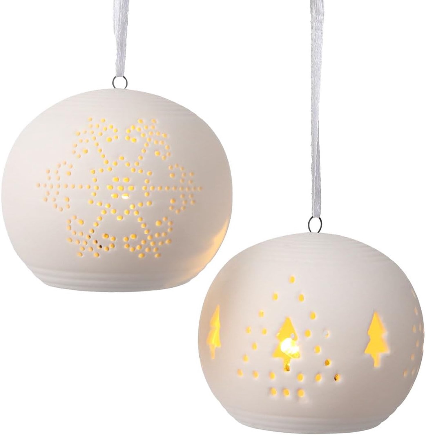 Set van 2 witte keramische kerstballen met led-lampjes | Kerstboomversiering | Raamdecoraties