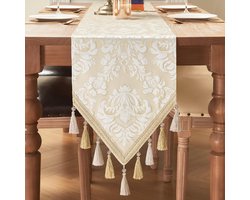 Luxe Tafelloper met Kwastjes, Dubbellaags Damast Tafelkleed voor Eettafel/ Eetkamer/ Restaurant/ Festivaldecoratie (33x228 cm, Beige & Wit)