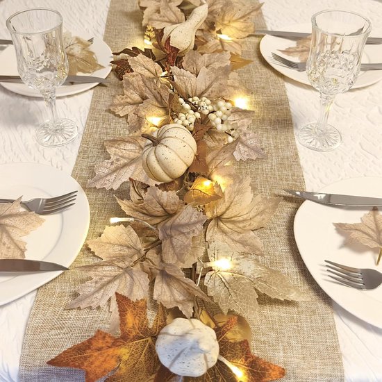 2 stuks herfstdecoraties voor thuis 1,5 meter herfstslinger met verlichting, neppompoen bessen herfst esdoornbladeren slinger voor mantel Halloween Thanksgiving oogst open haard feest, herfst decor — afbeelding 2