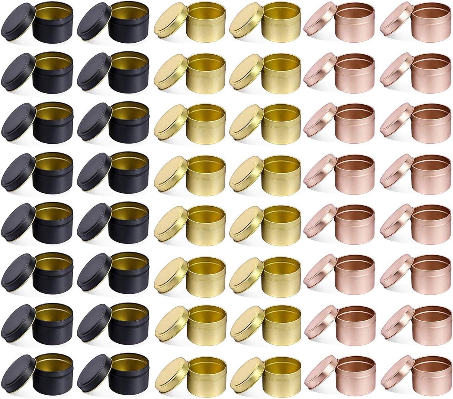 48 Pcs 8 Oz Blikjes Met Deksels, Decoratieve Ronde Metalen Kaars Potten Bulk, herbruikbare Kaars Containers Voor Diy Kaars Maken, Arts Ambachten Benodigdheden (8OZ,16 Black+16 Gold+16 RoseGold)