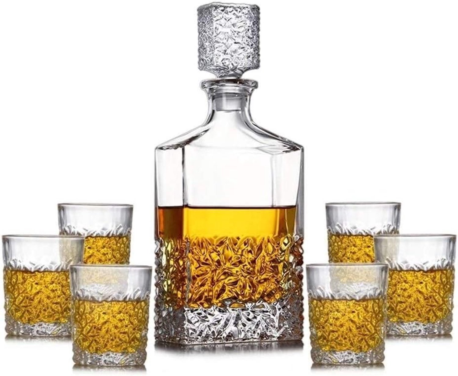 Flessenrek, wijnrek, wijnglashouder, whiskykaraf, glazenset, 7 stuks, 100% loodvrij kristalglas, bekers met glazen deksel, wijnfles, 850 ml, voor thuis, restaurants en feesten, ideaal als cadeau