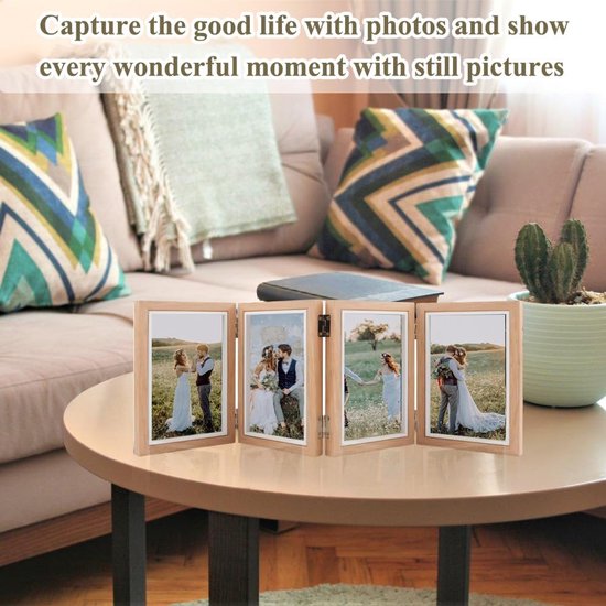 Opvouwbare fotolijst 10 x 15 cm voor 4 foto's: inklapbare houten fotolijst voor meerdere foto's, inklapbare fotolijst met front houten fotolijst voor kantoor, familie, verjaardag, bruiloft, bureau — afbeelding 3