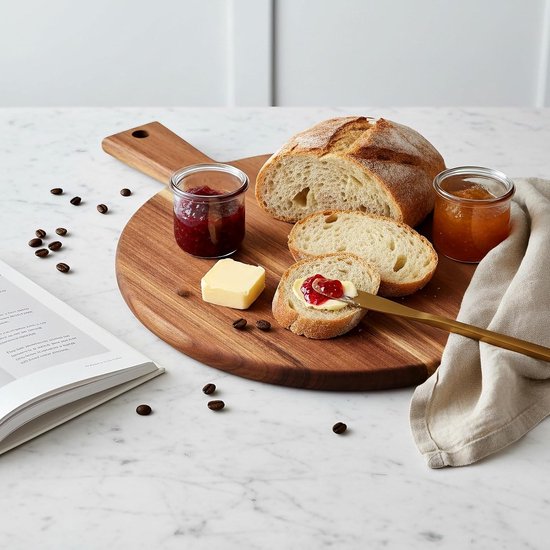 2 stuks houten pizzaplank, rond, 30 cm, 40 x 30 x 1,5 cm, bruin met handvat, houten pizzabord serveerplaat voor keuken — afbeelding 3