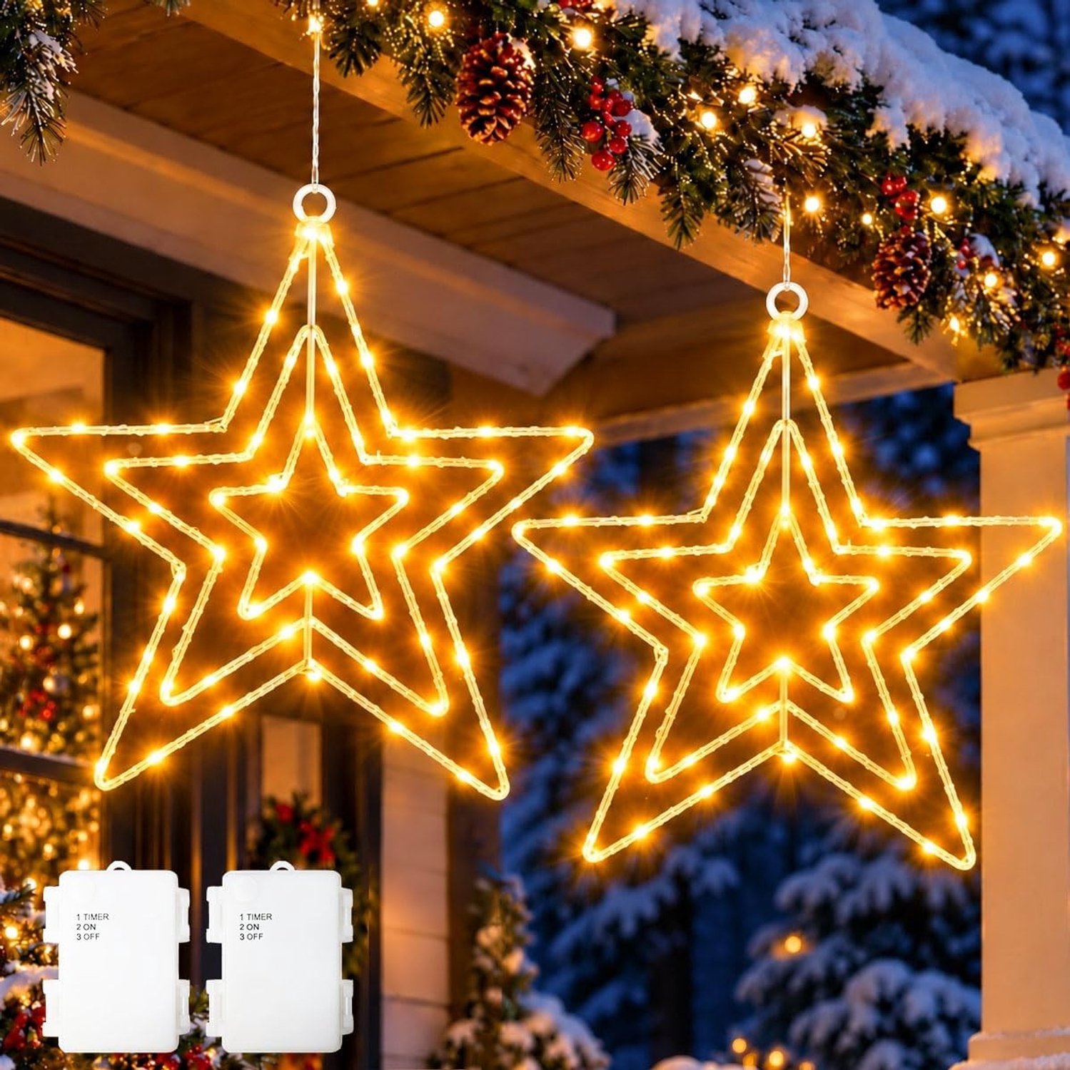 Kerstster Vensterverlichting, 2 Stuks, 75 Batterij Aangedreven LED Sterren voor Feestdecoratie