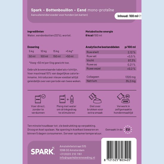 Achterkant van een pakje 'bone broth eend' met voedingsinformatie en gebruiksaanwijzing.