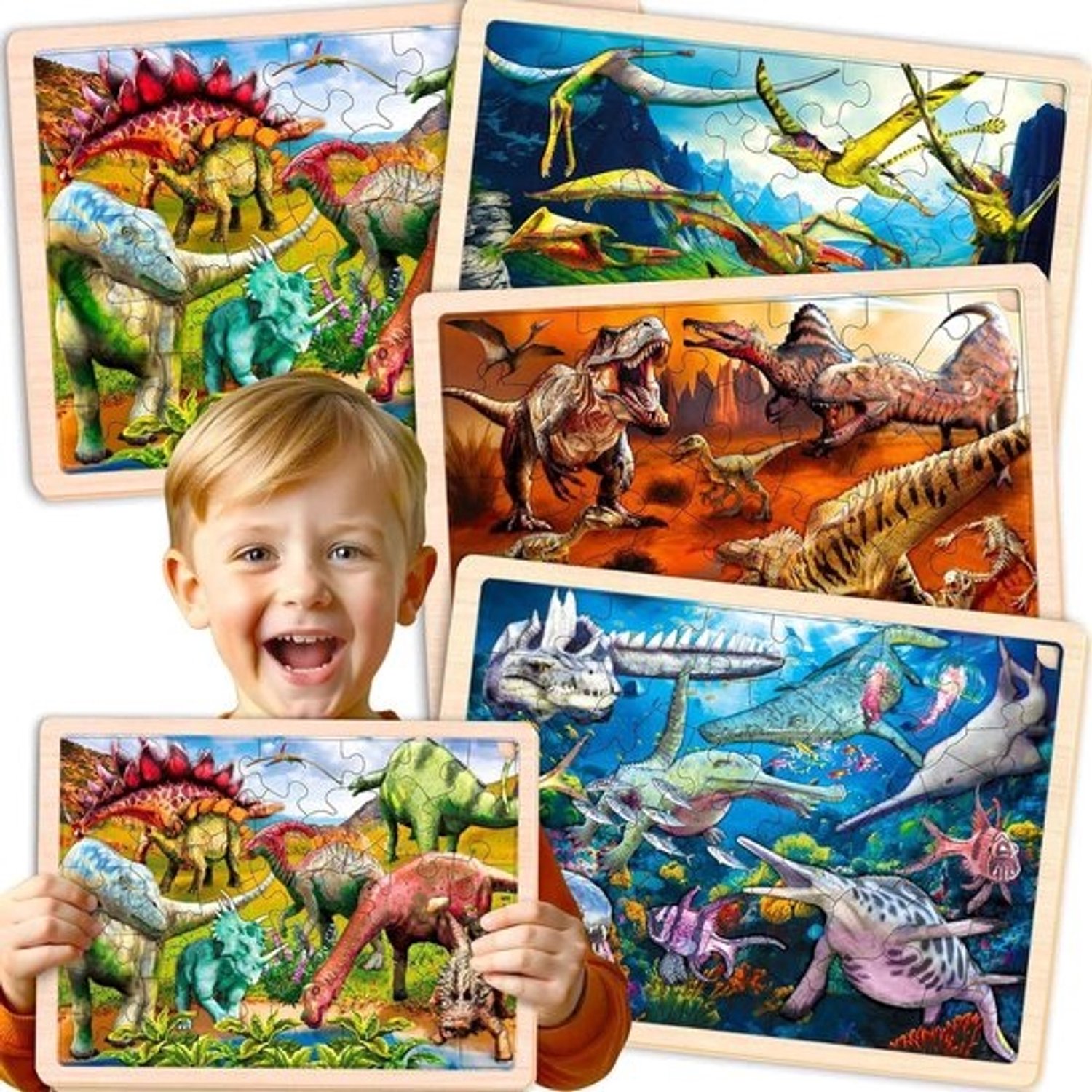 Houten puzzels voor kinderen - Legpuzzelset - Educatief spel - Set van 4 - 4 x 36 stukjes - Dino