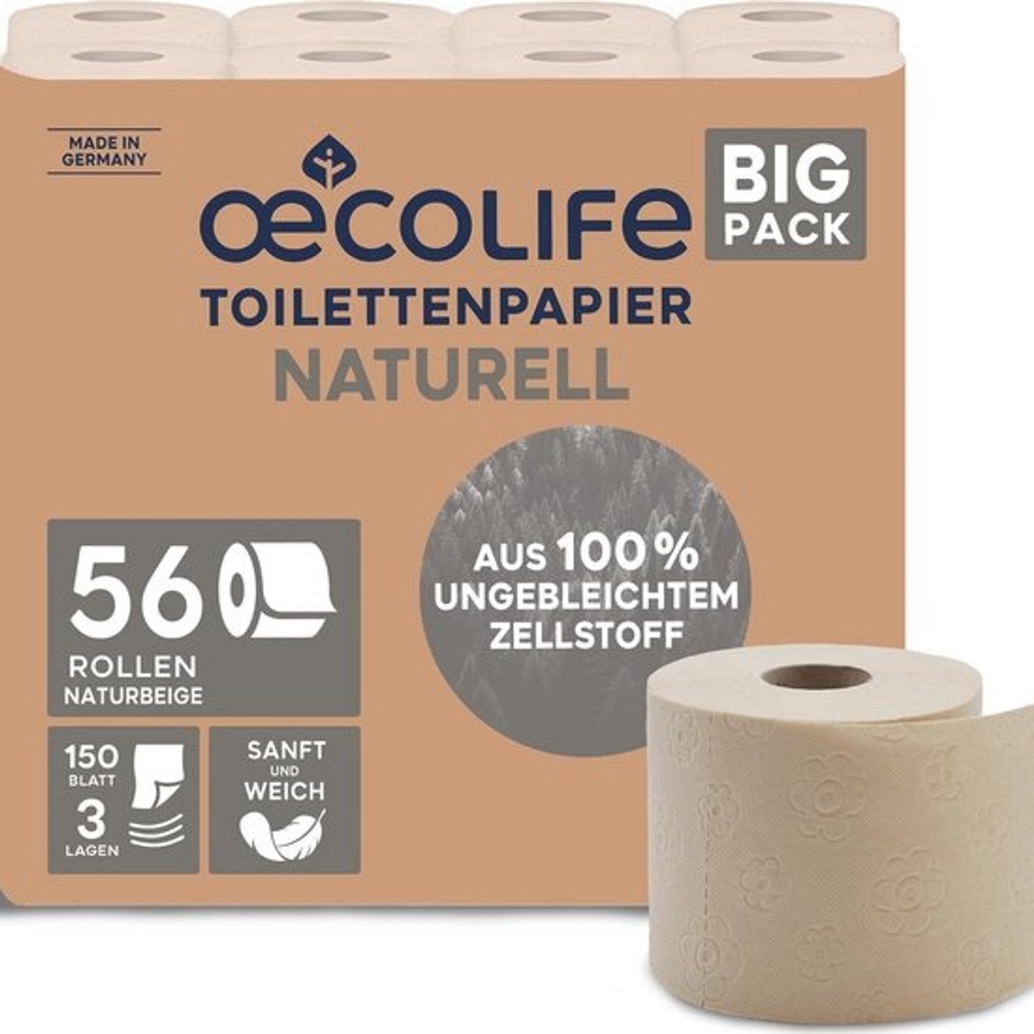 Natuurlijk toiletpapier - 3-laags - Grote verpakking - 56 rollen