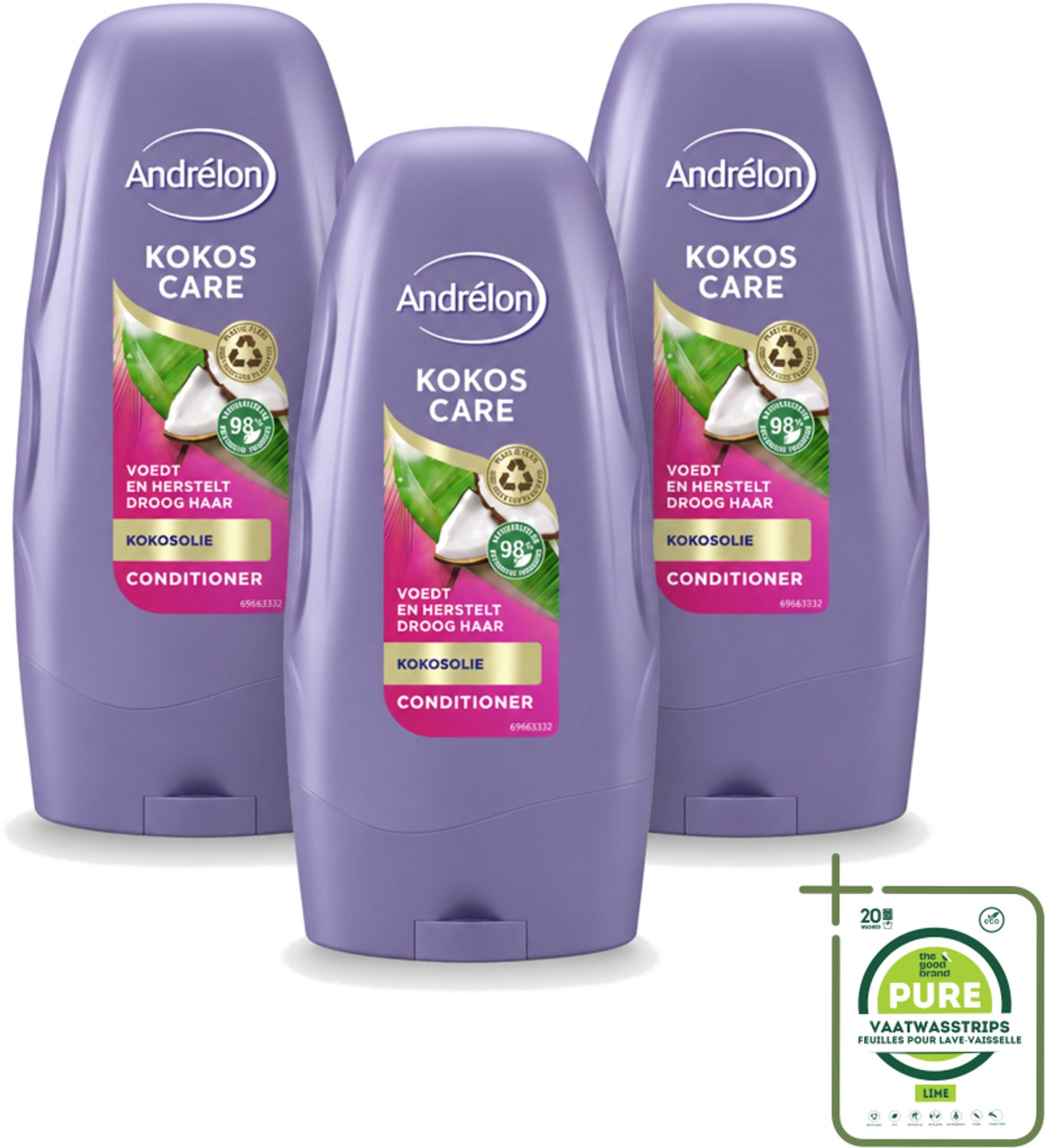 3 x Andrélon - Kokos Care - Conditioner - Diepe Hydratatie - 250 ml - Grootverpakking - Vaatwasstrips - Droog Haar - Herstel Haar - Kokosolie - Kokosmelk - Hydratatie