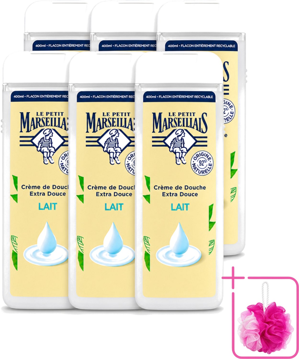 6 x Le Petit Marseillais – Douchecrème – Lait – 400 ml - Bulkverpakking - Douchecrème - Douchemop - Huid verzorging