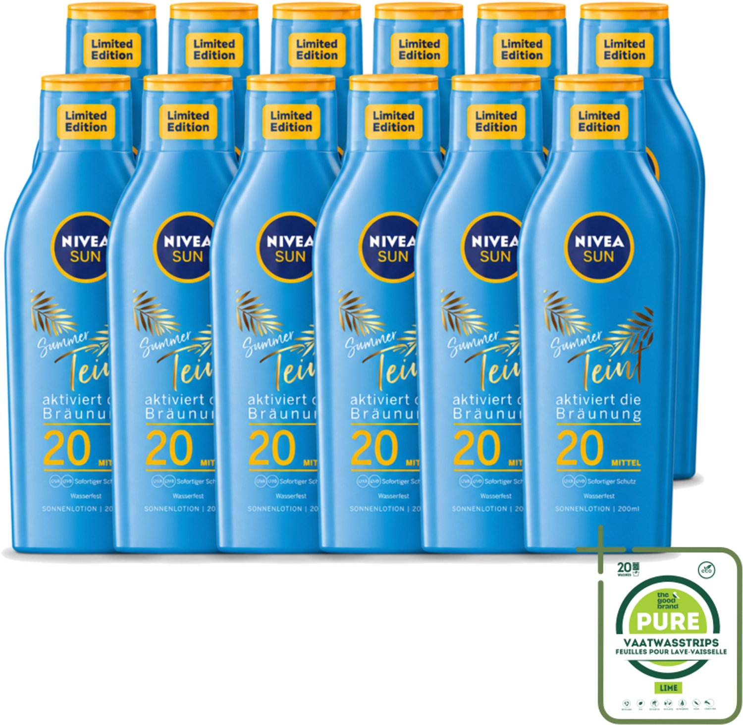 12 x Nivea Sun – Zonnemelk – Zomerteint SPF 20 – 200 ml - Grootverpakking - Vaatwasstrips - Zonbescherming - Zomerteint - SPF 20 - Natuurlijke Bruining - Pro-melanine