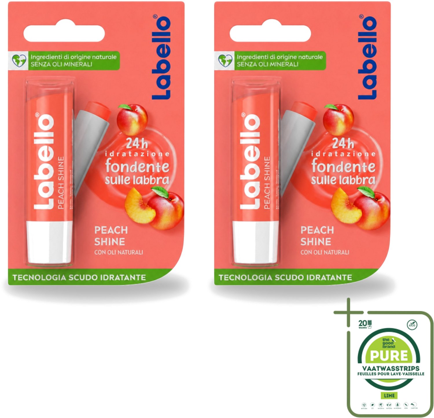 2 x Labello – Lippenbalsem – Fruity Peach Shine – Vegan - Grootverpakking - Vaatwasstrips - Lippenbalsem - Vegan Lippenbalsem - Perzikaroma - Glans Lippen - Natuurlijke Lippenbalsem