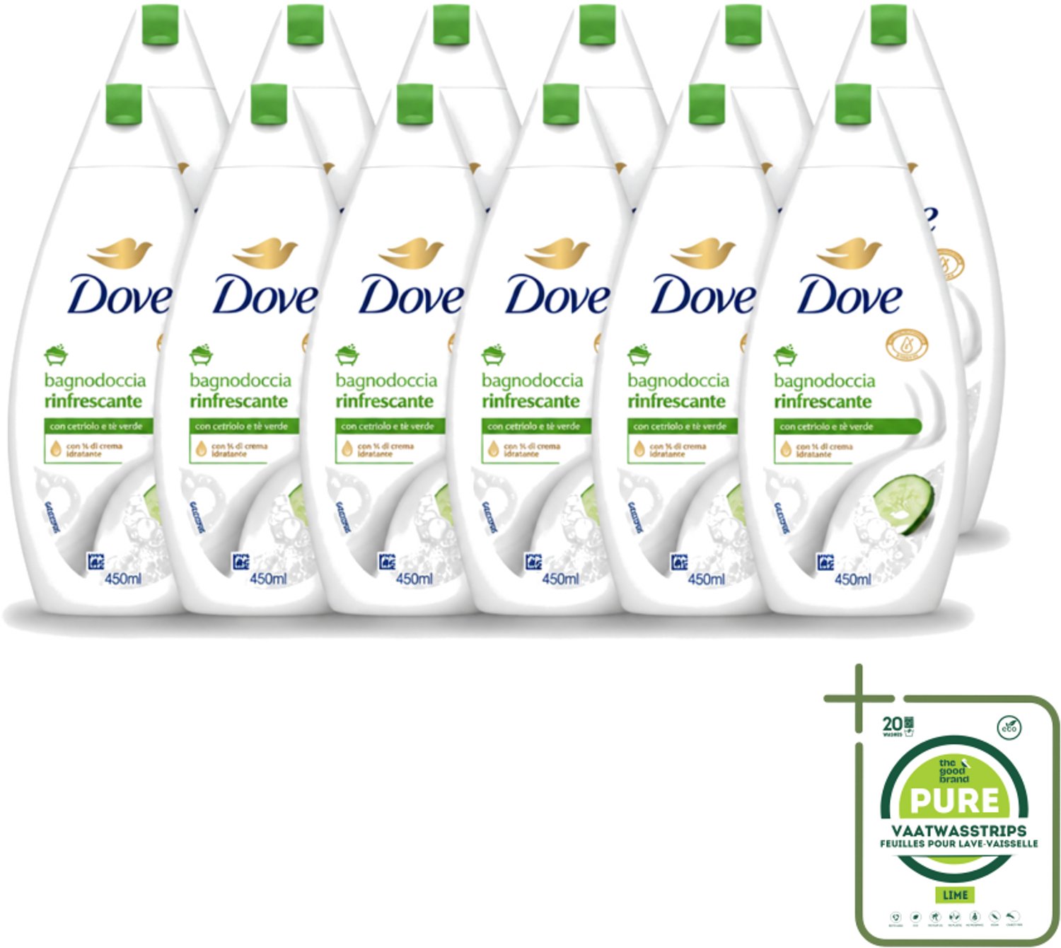 12 x Dove – Douchegel – Refreshing – 450 ml - Grootverpakking - Vaatwasstrips - Douchegel - Frisheid - Huidverzorging - Mild Reinigen - Schuim